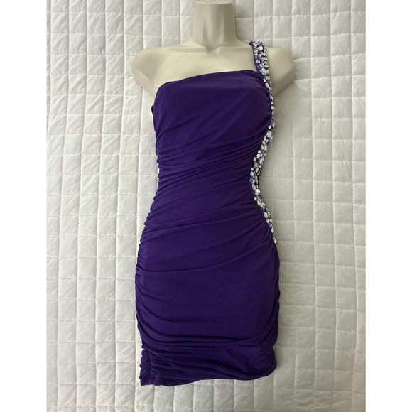 CITY TRIANGLES Dress Womens Small Purple Bodycon Mini Ruched Rhinestone Glam - Picture 1 of 9